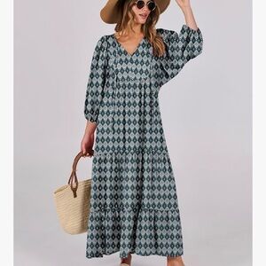 Elegant Green/Brown Patterned Maxi Dress
